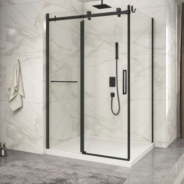 Porte de douche 54 po x Piazza 2.0 42 po en coin noir mat fermeture sur retour mur à gauche porte à droite