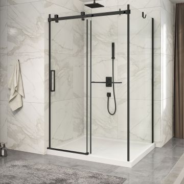 Porte de douche 54 po x Piazza 2.0 42 po en coin noir mat fermeture sur mur mur à gauche porte à gauche
