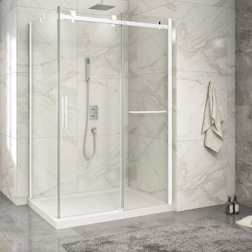 Porte de douche 54 po x Piazza 2.0 32 po en coin blanc mat fermeture sur retour mur à droite porte à gauche