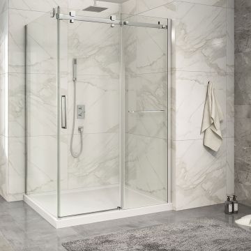 Porte de douche 54 po x Piazza 2.0 42 po en coin chrome fermeture sur retour mur à droite porte à gauche