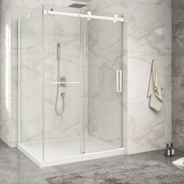Porte de douche 54 po x Piazza 2.0 42 po en coin blanc mat fermeture sur mur mur à droite