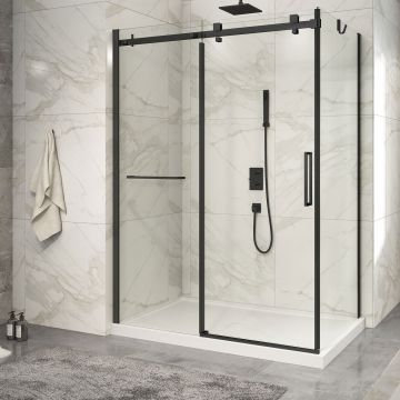 Porte de douche 60 po x Piazza 2.0 32 po en coin noir mat fermeture sur retour mur à gauche porte à droite