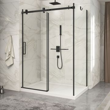 Porte de douche 60 po x Piazza 2.0 32 po en coin noir mat fermeture sur mur mur à gauche porte à gauche