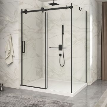 Porte de douche 60 po x Piazza 2.0 42 po en coin noir mat fermeture sur mur mur à gauche porte à gauche