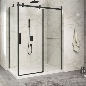 Porte de douche 60 po x Piazza 2.0 36 po en coin noir mat fermeture sur retour mur à droite porte à gauche