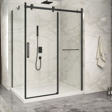 Porte de douche 60 po x Piazza 2.0 42 po en coin noir mat fermeture sur retour mur à droite porte à gauche