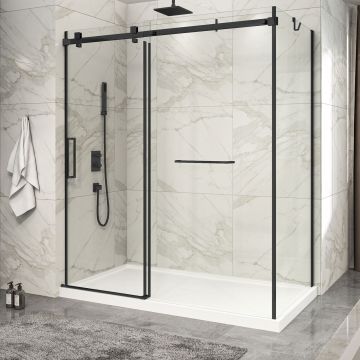 Porte de douche 72 po x Piazza 2.0 32 po en coin noir mat fermeture sur mur mur à gauche porte à gauche