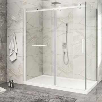 Porte de douche 72 po x Piazza 2.0 36 po en coin blanc mat fermeture sur retour mur à gauche porte à droite