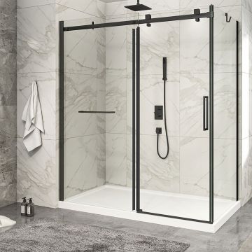 Porte de douche 72 po x Piazza 2.0 36 po en coin noir mat fermeture sur retour mur à gauche porte à droite