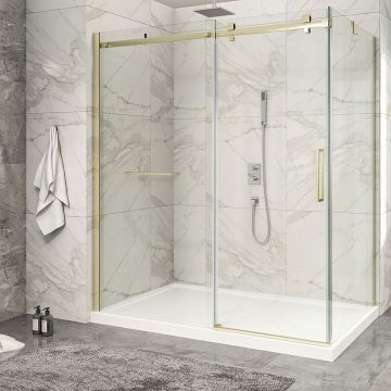Porte de douche 72 po x Piazza 2.0 42 po en coin or brossé fermeture sur retour mur à gauche porte à droite en or brossé
