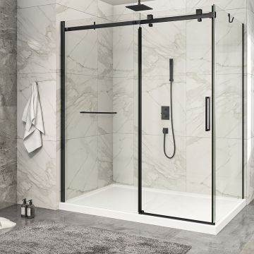 Porte de douche 72 po x Piazza 2.0 42 po en coin noir mat fermeture sur retour mur à gauche porte à droite