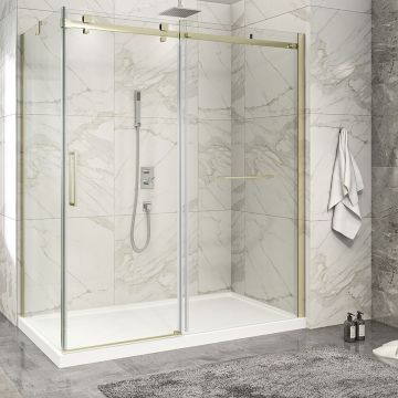 Porte de douche 72 po x Piazza 2.0 32 po en coin or brossé fermeture sur retour mur à droite porte à gauche en or brossé