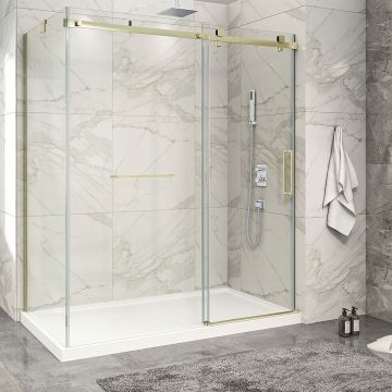 Porte de douche 72 po x Piazza 2.0 32 po en coin or brossé fermeture sur mur mur à droite porte à droite en or brossé