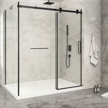 Porte de douche 72 po x Piazza 2.0 42 po en coin noir mat fermeture sur mur mur à droite