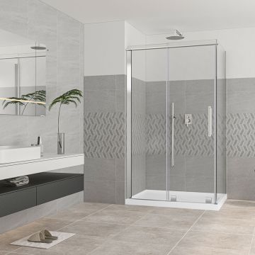 Porte de douche 48 po x Quadro 32 po en coin chrome fermeture sur retour mur à droite porte à gauche
