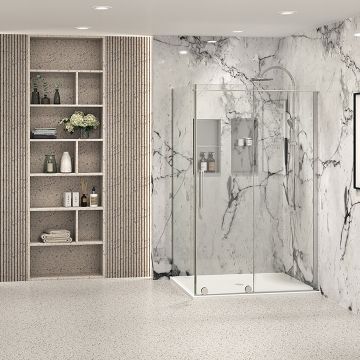 Porte de douche 48 po x Slim 32 po en coin chrome fermeture sur retour mur à droite porte à gauche