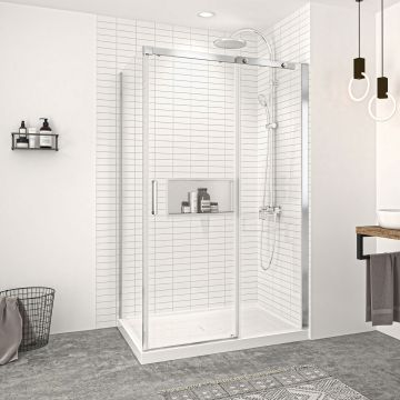 Porte de douche 48 po x Vague 36 po en coin chrome fermeture sur retour mur à droite porte à gauche