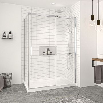 Porte de douche 54 po x Vague 36 po en coin chrome fermeture sur retour mur à droite porte à gauche