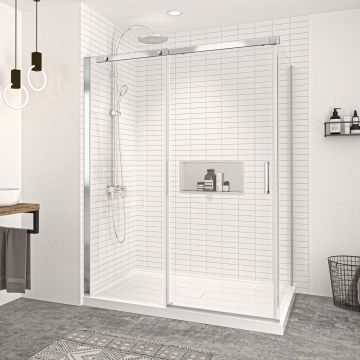 Porte de douche 60 po x Vague 42 po en coin chrome fermeture sur retour mur à gauche porte à droite