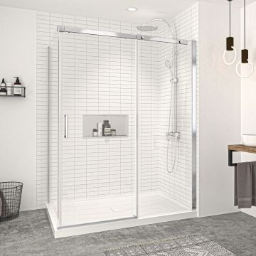 Porte de douche 60 po x Vague 42 po en coin chrome fermeture sur retour mur à droite porte à gauche