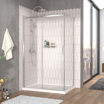 Porte de douche 48 po x Vaia 36 po en coin chrome fermeture sur retour mur à gauche porte à droite