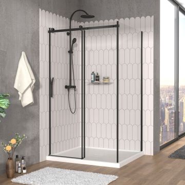Porte de douche 48 po x Vaia 42 po en coin noir mat fermeture sur mur mur à gauche porte à gauche