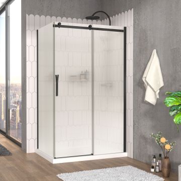 Porte de douche 48 po x Vaia 32 po en coin noir mat fermeture sur retour mur à droite porte à gauche en noir mat et verre flûte