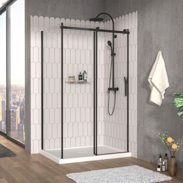 Porte de douche 48 po x Vaia 36 po en coin noir mat fermeture sur mur mur à droite porte à droite