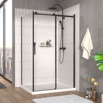 Porte de douche 48 po x Vaia 42 po en coin noir mat fermeture sur retour mur à droite porte à gauche