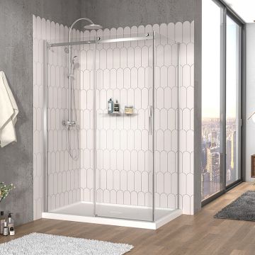 Porte de douche 54 po x Vaia 36 po en coin chrome fermeture sur retour mur à gauche porte à droite