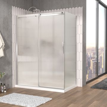 Porte de douche 60 po x Vaia 32 po en coin chrome fermeture sur retour mur à gauche porte à droite en chrome et verre flûte