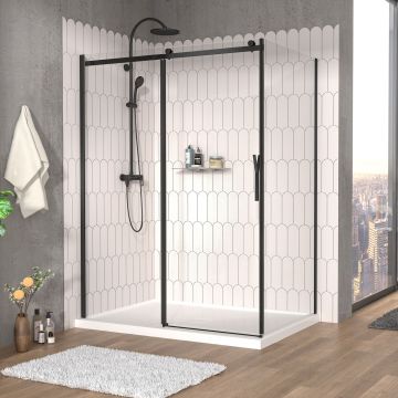 Porte de douche 60 po x Vaia 42 po en coin noir mat fermeture sur retour mur à gauche porte à droite