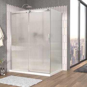 Porte de douche 60 po x Vaia 42 po en coin chrome fermeture sur retour mur à gauche porte à droite en chrome et verre flûte
