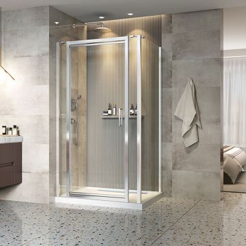 Porte de douche 48 po x Xenia 32 po en coin rectangulaire porte centrée mur à gauche en Chrome