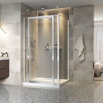 Porte de douche 48 po x Xenia 42 po en coin rectangulaire porte centrée mur à gauche en Chrome