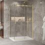 Porte de douche 48 po x Bellini 2.0 32 po en coin or brossé fermeture sur retour mur à droite porte à gauche en or brossé