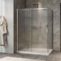Porte de douche 60 po x Minia 36 po en coin chrome fermeture sur retour mur à gauche porte à droite en chrome et verre flûte
