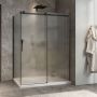 Porte de douche 60 po x Minia 36 po en coin noir mat fermeture sur retour mur à droite porte à gauche en noir mat et verre flûte
