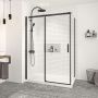 Porte de douche 54 po x Vague 32 po en coin noir mat fermeture sur retour mur à gauche porte à droite