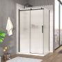 Porte de douche 48 po x Vaia 36 po en coin noir mat fermeture sur retour mur à gauche porte à droite en noir mat et verre flûte