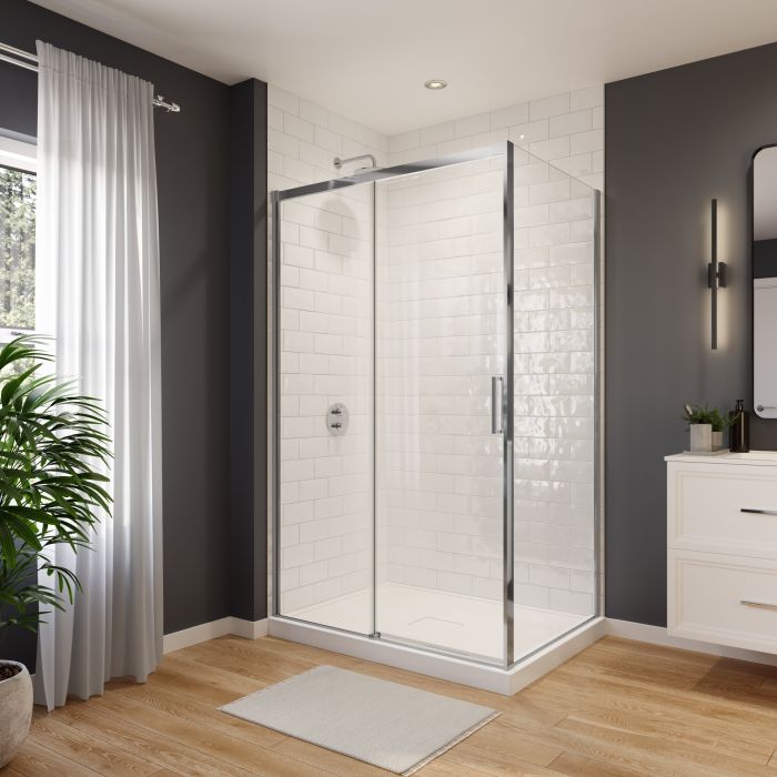 Porte de douche coulissante Sella 48 x 32 x 74 po, 8 mm pour installation en coin avec verre clair et fini chrome