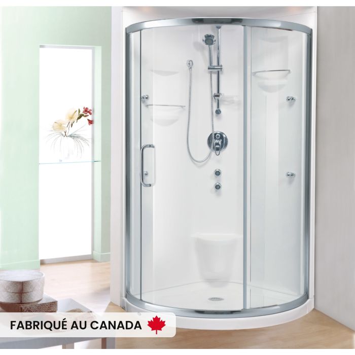 Douche Stella 3636 blanche ronde en coin en acrylique une pièce avec drain central