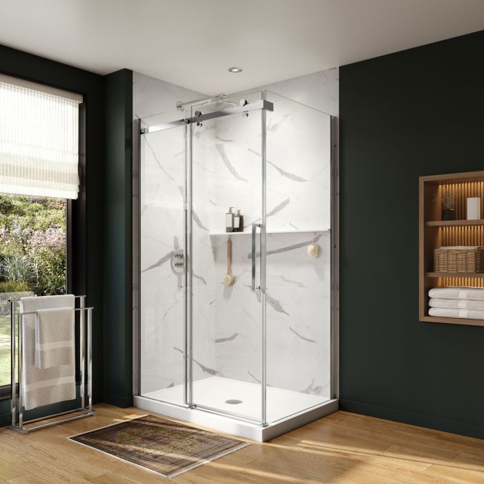 Porte de douche coulissante Axion 48 x 36 x 78 3/4 po, 8 mm pour installation en coin avec verre clair et fini chrome
