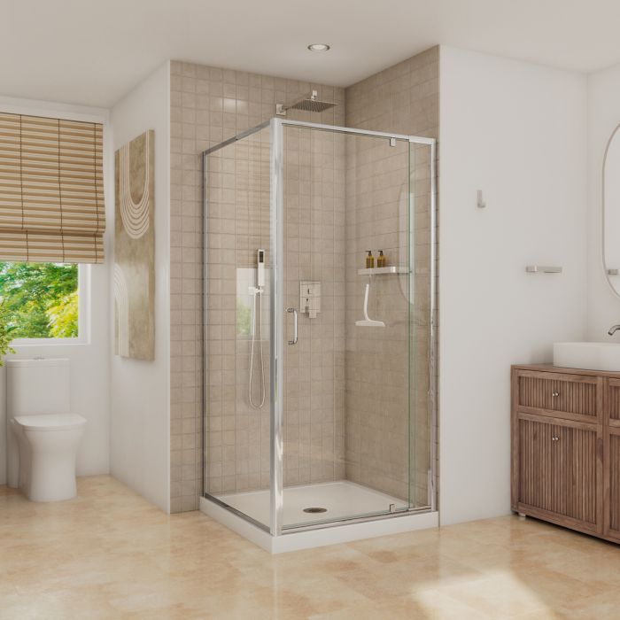 Porte de douche pivot Belaya 36 x 36 x 72 po, 6 mm pour installation en coin avec verre clair et fini chrome