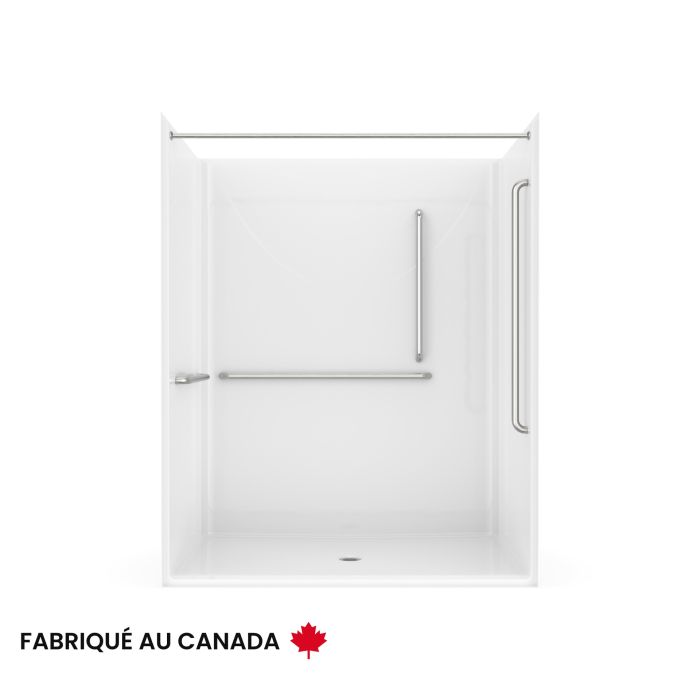 Douche Banff BFS-6036F blanche une pièce pour alcôve en AcrylX™ conforme à la norme CSA avec barres d'appuis à droite et drain central