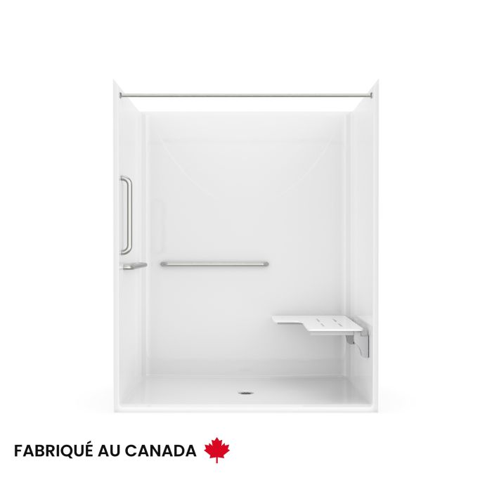 Douche Banff BFS-6036F blanche une pièce pour alcôve en AcrylX™ conforme à la norme ADA/ANSI avec siège Naugahyde en "L" à droite et drain central