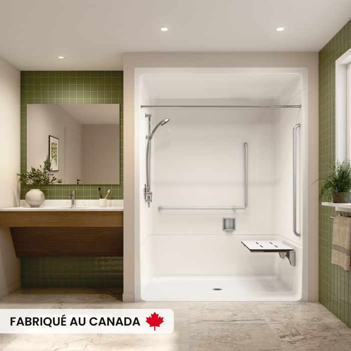 Douche Banff BFS-6036A blanche une pièce pour alcôve en acrylique conforme à la norme NBC Alberta avec siège naugahyde rectangulaire à gauche, drain central et seuil vertical