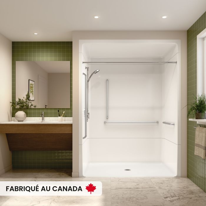 Douche Banff BFS-6036A blanche trois pièces pour alcôve en acrylique conforme à la norme CSA avec barres d'appuis à gauche, drain central et seuil vertical