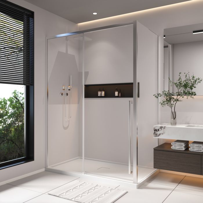 Porte de douche coulissante Kaveri 60 x 36 x 79 3/4 po, 8 mm pour installation en coin avec verre clair et fini chrome