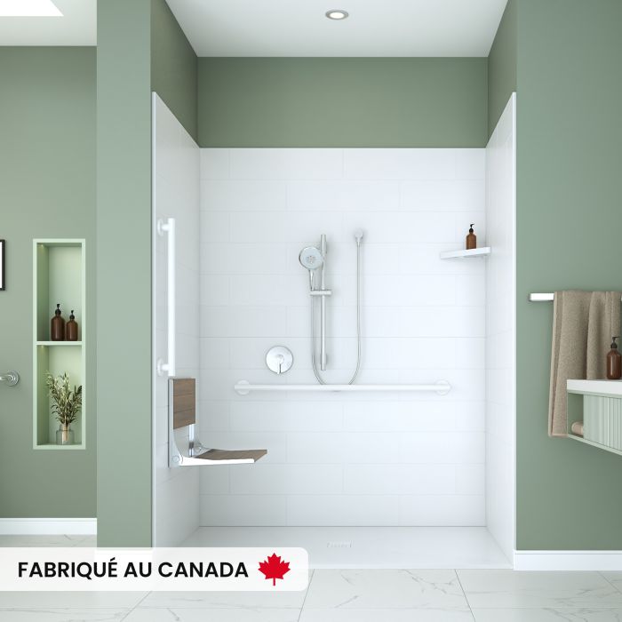 Base de douche Aspire 6238 blanche pour alcôve en acrylique avec fond antidérapant et drain central blanc en ABS